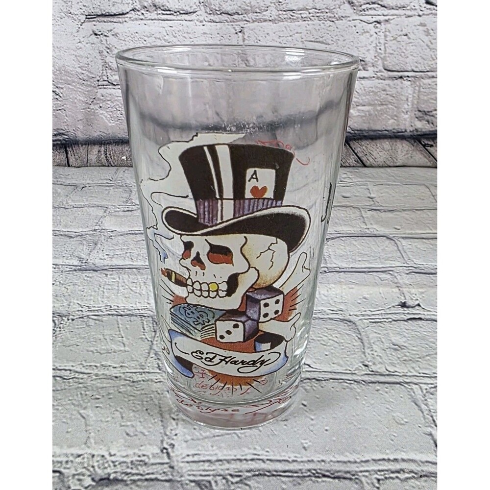 Don Ed Hardy Drinking Glass 16 Oz Smoking Skull Dice Ace Of Hearts Tattoo